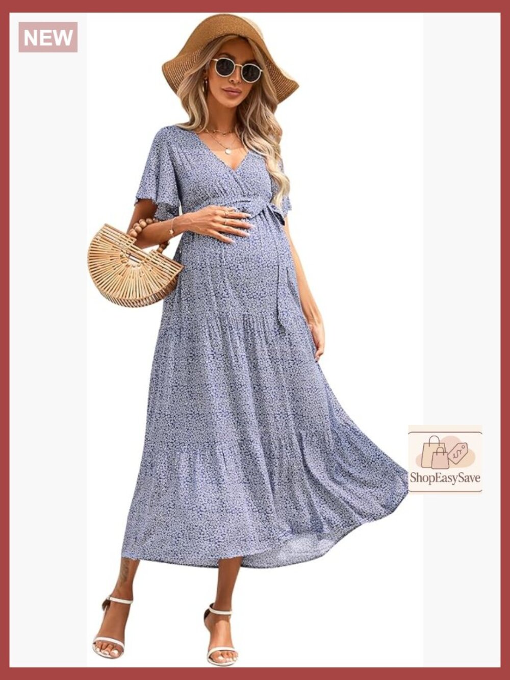 Maternity Maxi Dress V-Neck Puff Sleeve Pleated Boho Chic Baby Shower